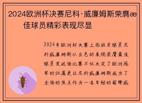2024欧洲杯决赛尼科·威廉姆斯荣膺最佳球员精彩表现尽显